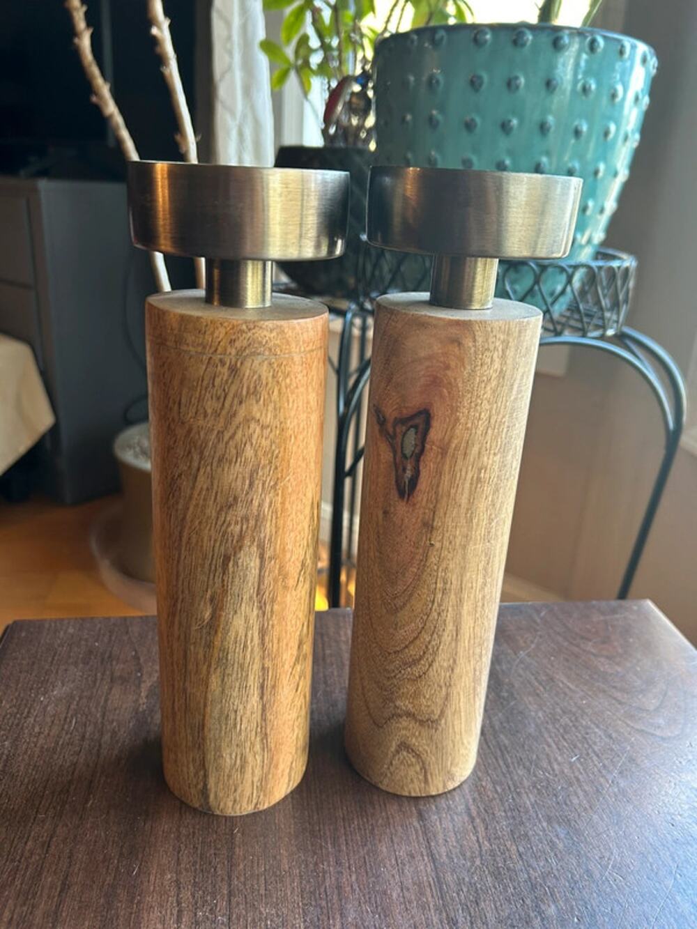 Sagebrook Home taper candle holders natural wood cylinders  brushed metal top